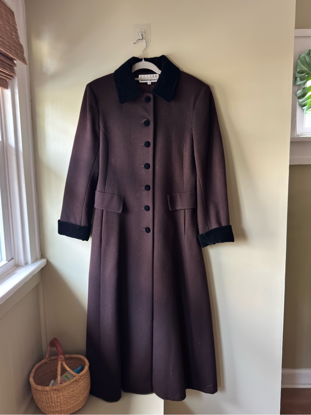 Leslie Fay Vintage Brown Maxi Dress Coat with Black Velvet Trim